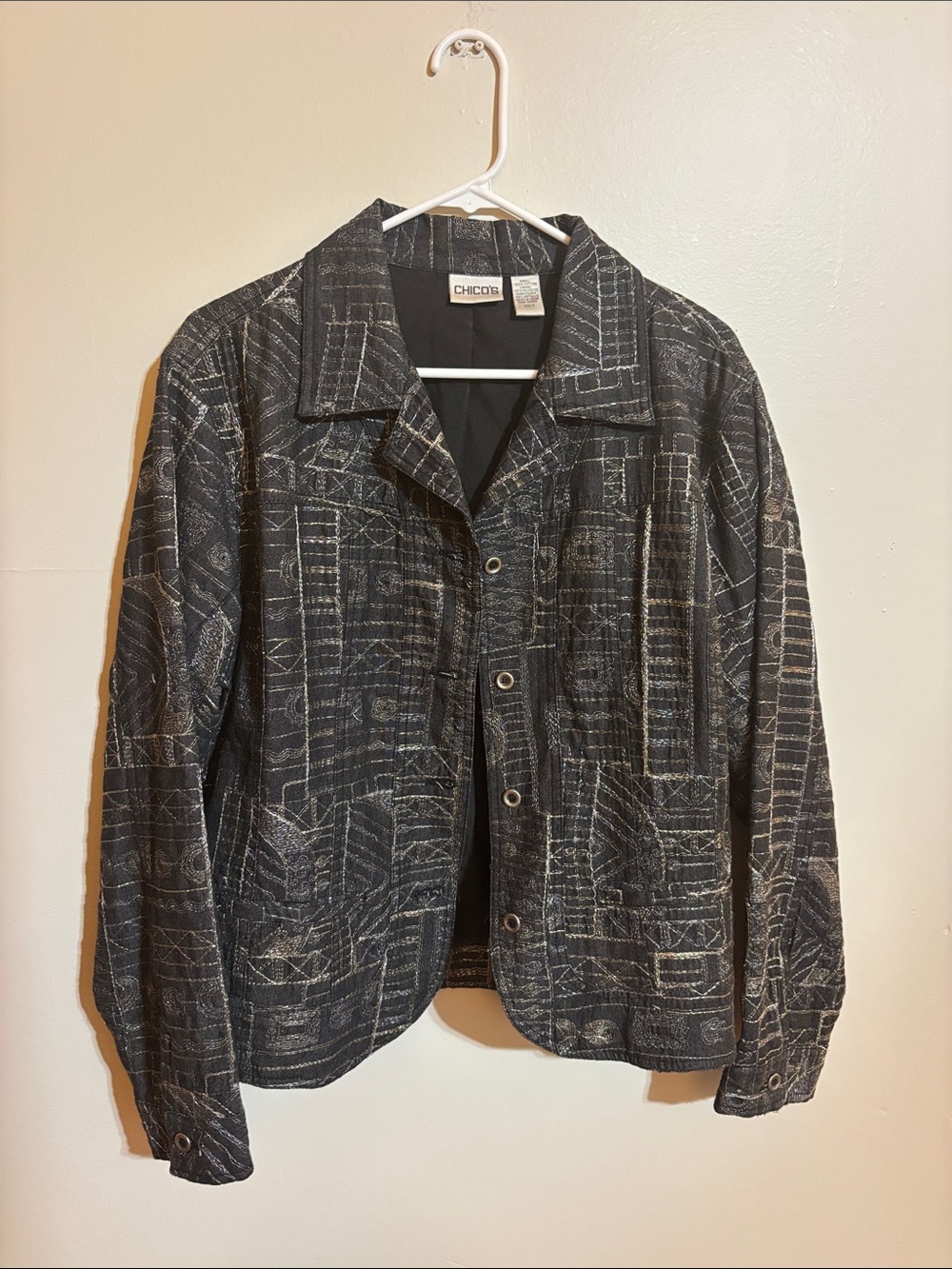 Chico's Black & Metallic Gold Embroidered Jacket/Blazer